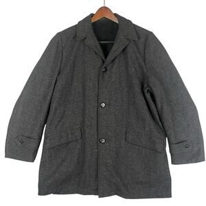 Vintage Tweed Car Coat Mens 42 Black Grey Wool w/ Faux Fur Lining Preppy Winter